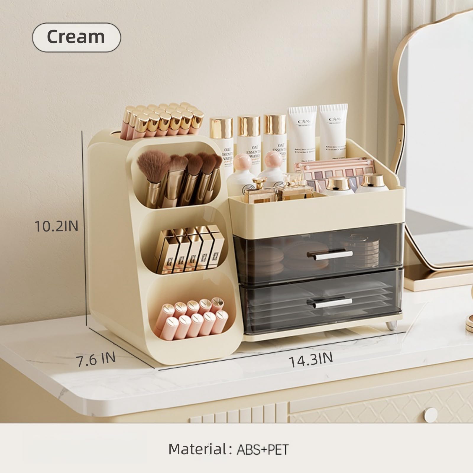 Makeup Organizer with Drawers - Spacious Cosmetic Storage Case for Vanity | Beauty Essential Organizer with Multiple Compartments | Perfect for Makeup Brushes, Lipsticks & Skincare Products (Cream)
