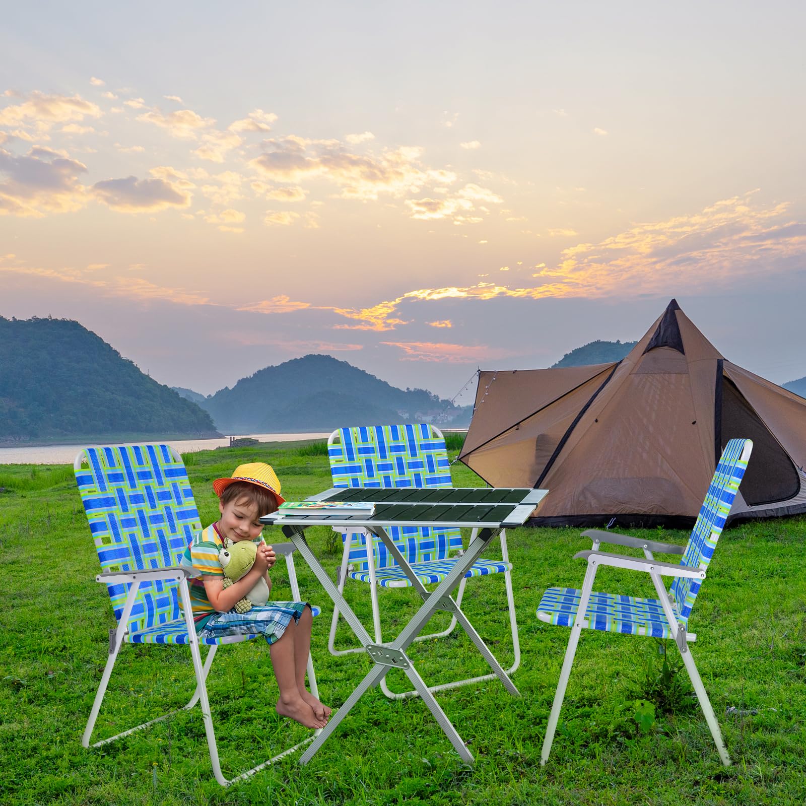 VINGLI Oversized Patio Lawn Folding Chairs Set of 2 - Heavy Duty Webbed Outdoor Beach Chairs, Portable Dining Chairs for Backyard, Garden, Poolside & Camping (Blue, Extra Large) - Perfect for Relaxing, Sunbathing & Outdoor Gatherings