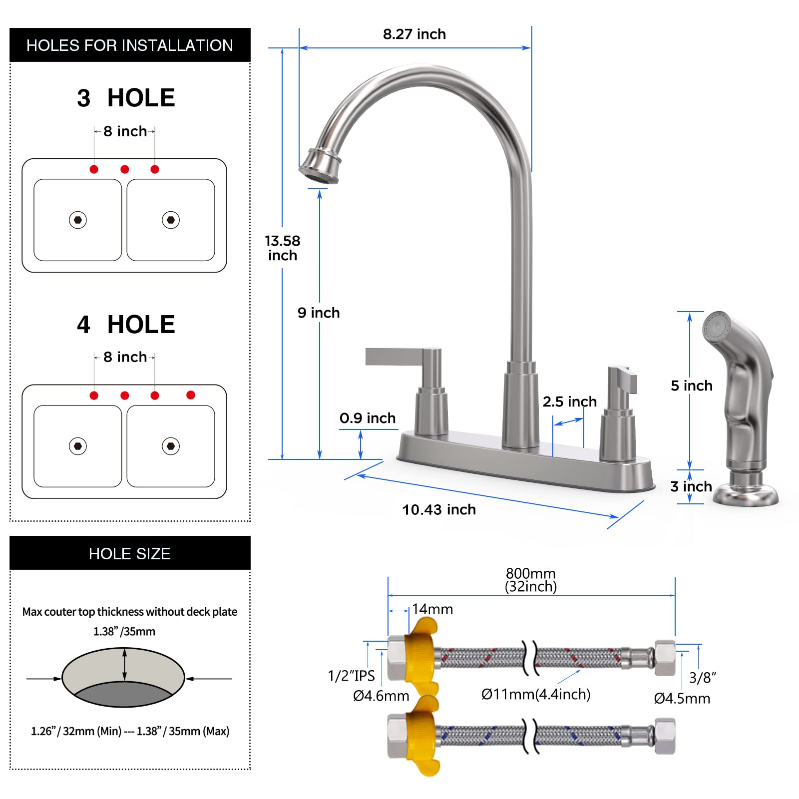 2-Handle High Arc Stainless Steel Kitchen Faucet with Pull-Out Side Sprayer - Brushed Nickel Finish - 8 Inch Centerset for 3 or 4 Hole Sink Installation - Perfect for Modern Kitchens and Heavy-Duty Cooking Tasks