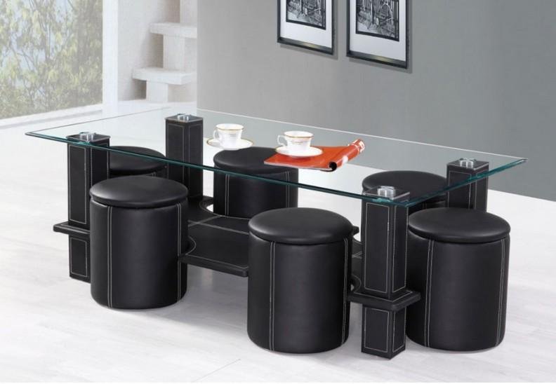 7-Piece Black Leatherette Tempered Glass Coffee Table Set with Contrast Stitching - Modern Living Room Furniture for Home & Office Decor