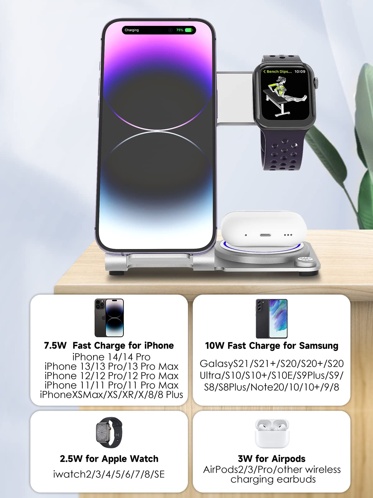 3-in-1 Wireless Charging Stand - 18W Fast Charger for iPhone 14/13/12/11/Pro/Max/XS/XR/X/8, Apple Watch Series 8/7/6/5/4/3/2/SE & AirPods Pro/3/2/1 - Perfect for Bedside, Office & Travel Charging