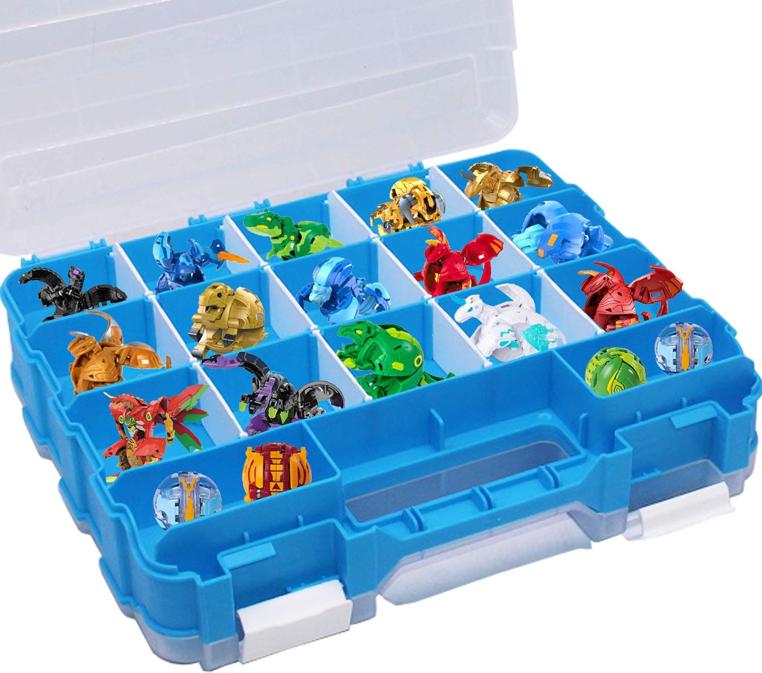 BPA-Free Double Sided Toy Storage Container with 34 Adjustable Compartments - Organizer Case for Mini Toys, Small Dolls & Bakugan - Perfect for Playroom, Travel & Birthday Party Organization