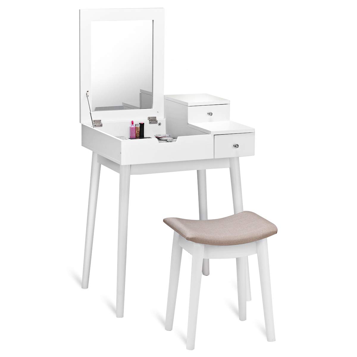 GOFLAME Vanity Table Set with Flip Top Mirror - Makeup Dressing Desk, Writing & Computer Workstation with 2 Drawers, Cushioned Stool & Large Storage - Perfect for Bedroom, Dorm Room & Home Office Organization (White)