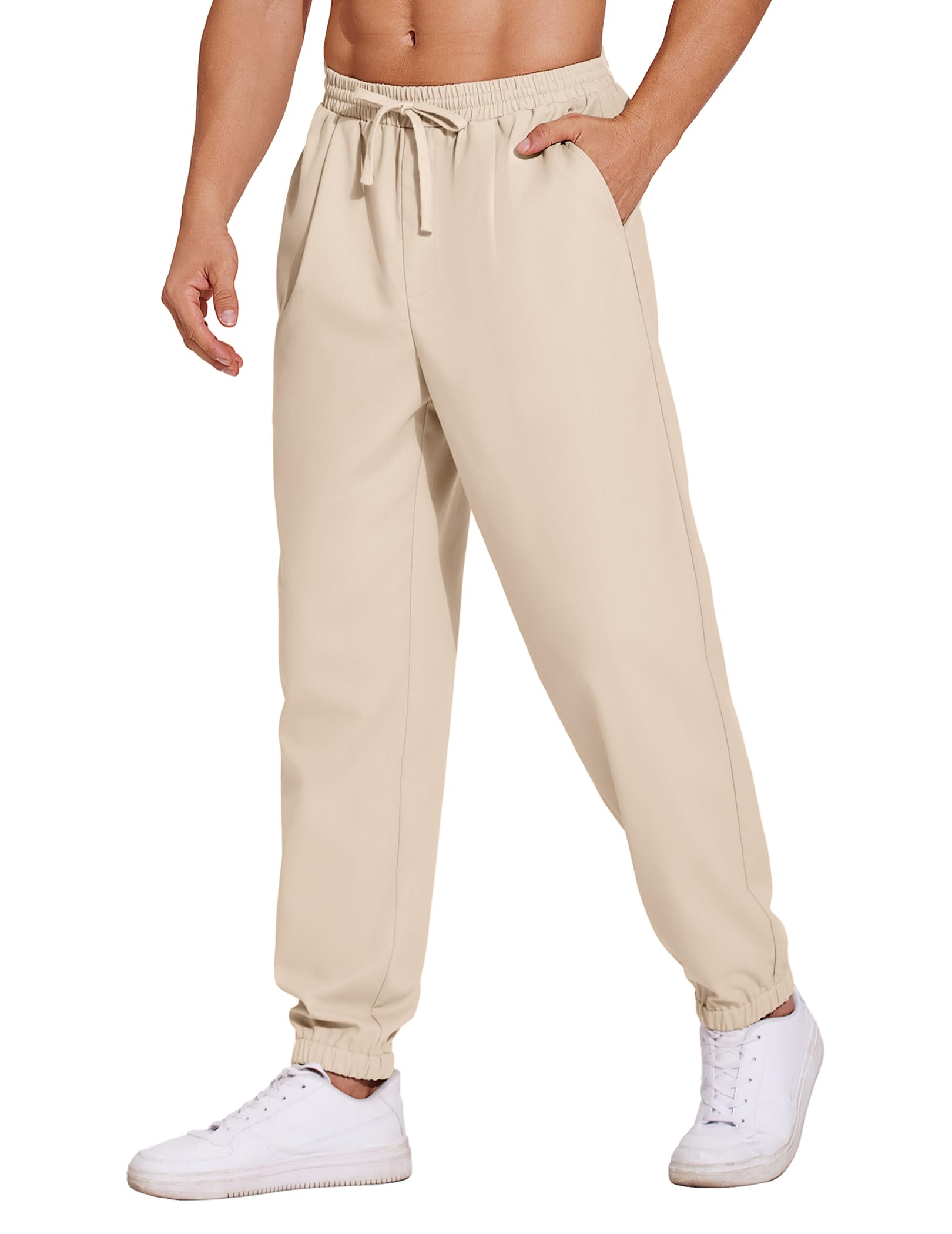 COOFANDY Men's Lightweight Linen Casual Jogger Pants - Elastic Waistband with Drawstring, Breathable Yoga Beach Pants with Pockets - Perfect for Summer, Travel & Lounge Wear