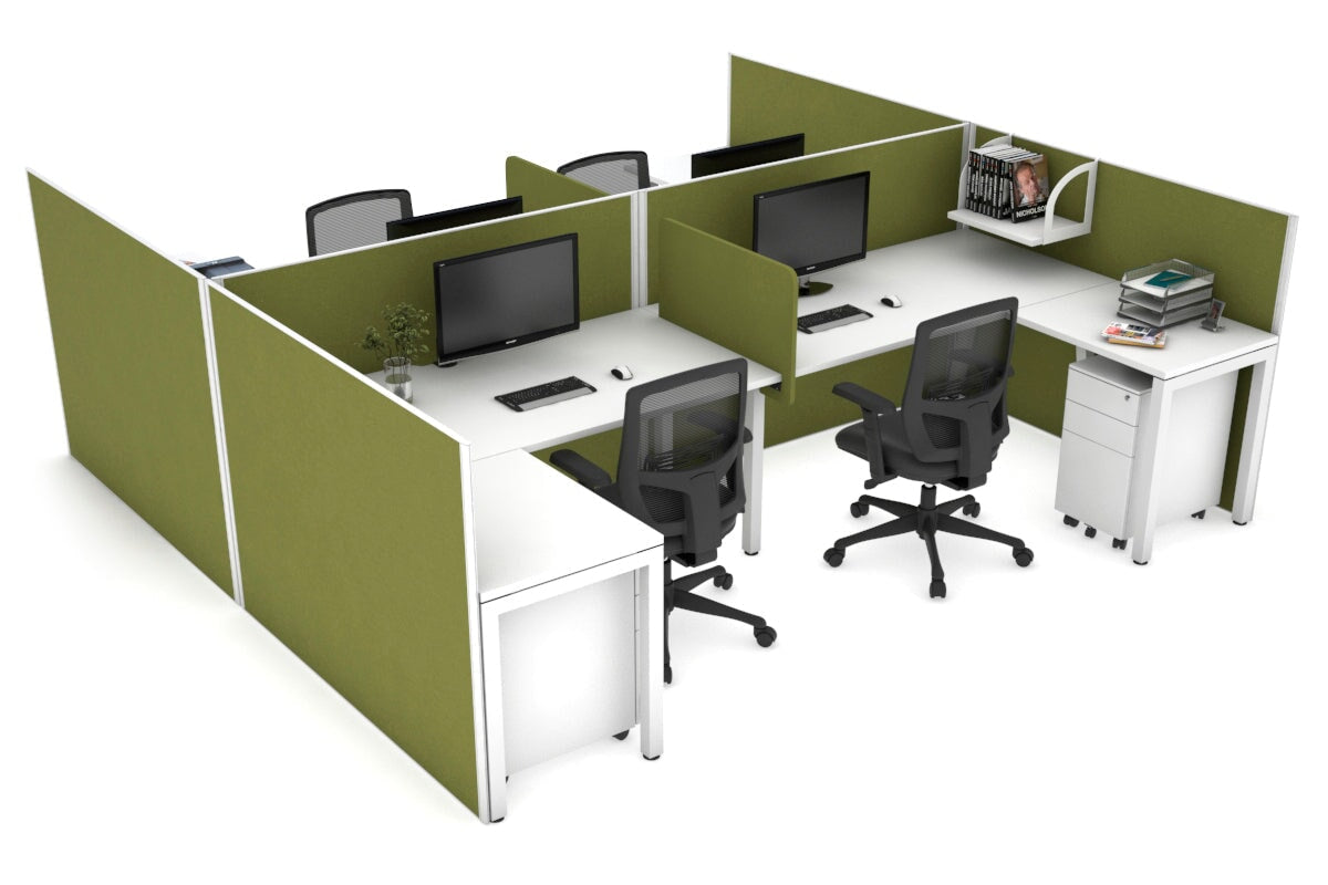 Quadro Square Legs 4-Person Corner Workstation - H Configuration White Frame [1400L x 1800W with Cable Management] - Perfect for Office Collaboration & Team Workspaces
