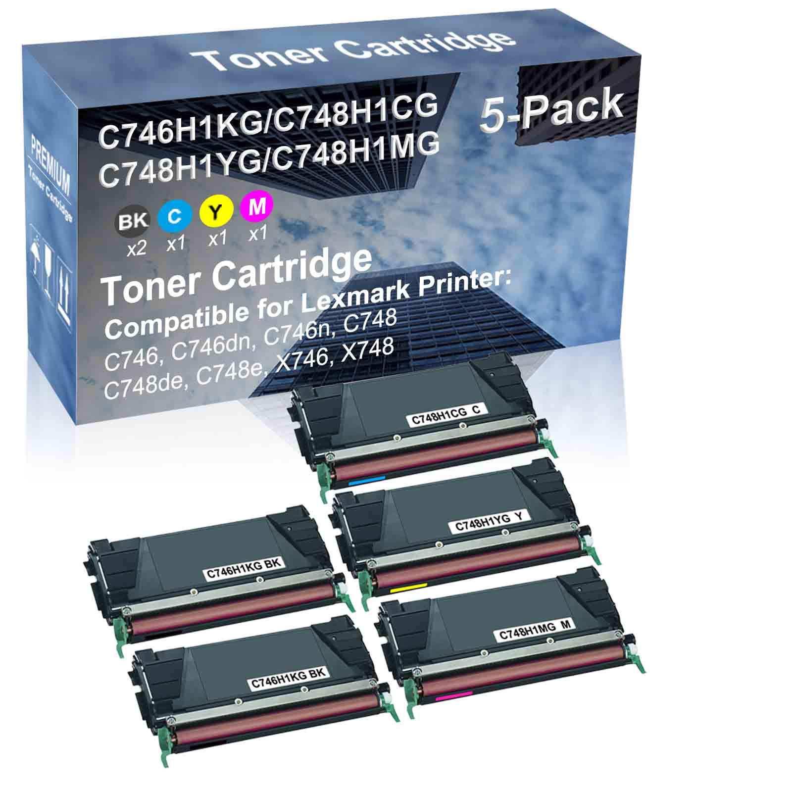 5-Pack (2BK+C+Y+M) High Yield C746H1KG+ C748H1CG+ C748H1YG+ C748H1MG Compatible Toner Cartridge for HP 746 & X748 Laser Printers - Office & Home Printing Supplies