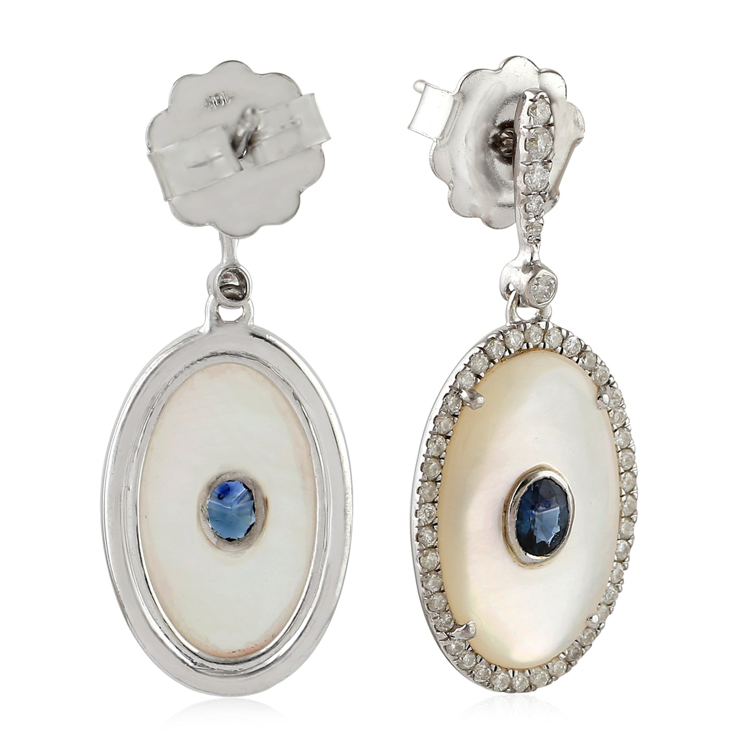 18K White Gold Prong Oval MOP Blue Sapphire Pave Diamond Evil Eye Dangle Earrings for Women - Perfect for Wedding, Party & Everyday Jewelry Gift
