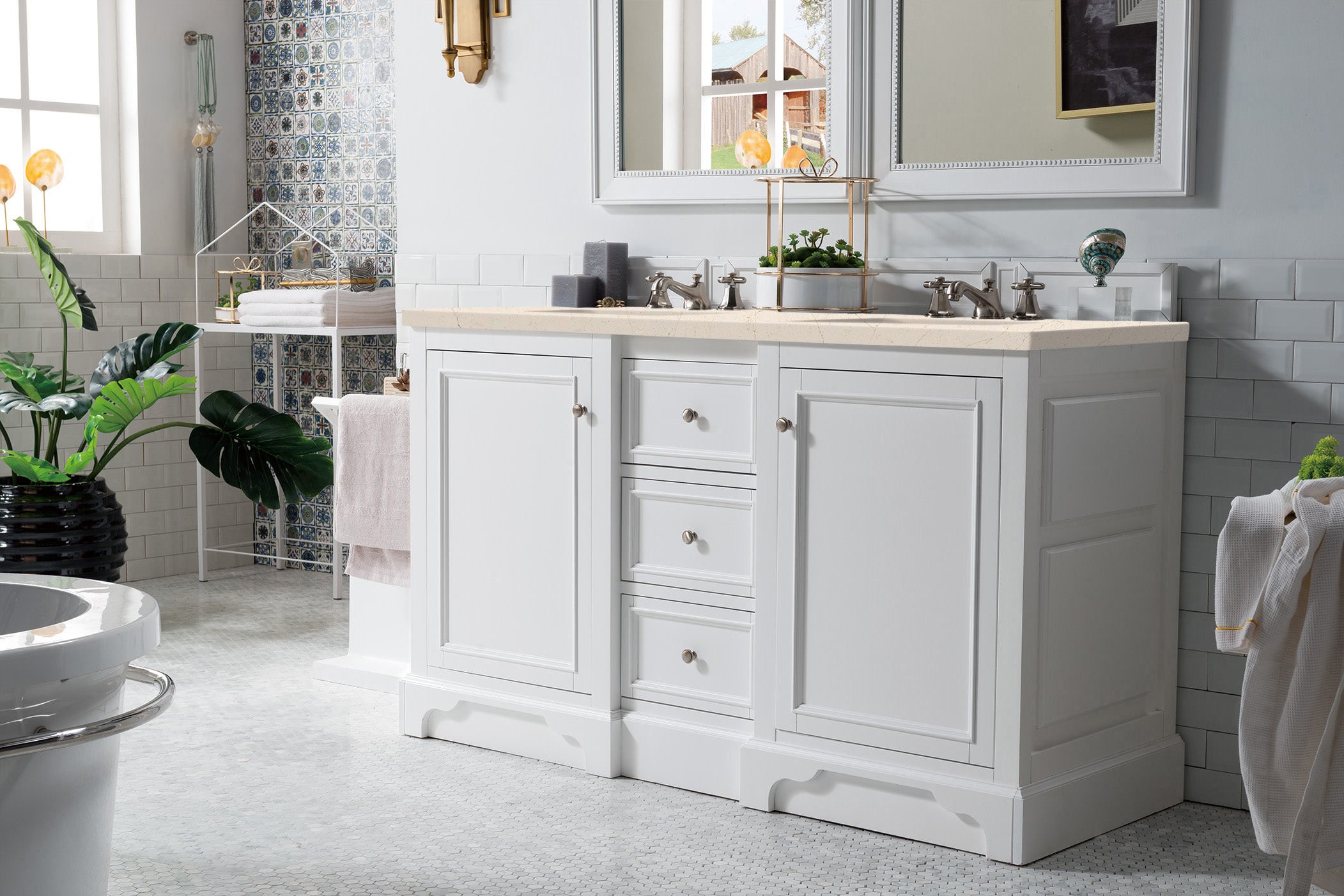 De Soto 60 Inch Double Vanity with 3CM Eternal Marfil Quartz Top in Bright White - Perfect for Modern Bathroom Renovations and Master Suites