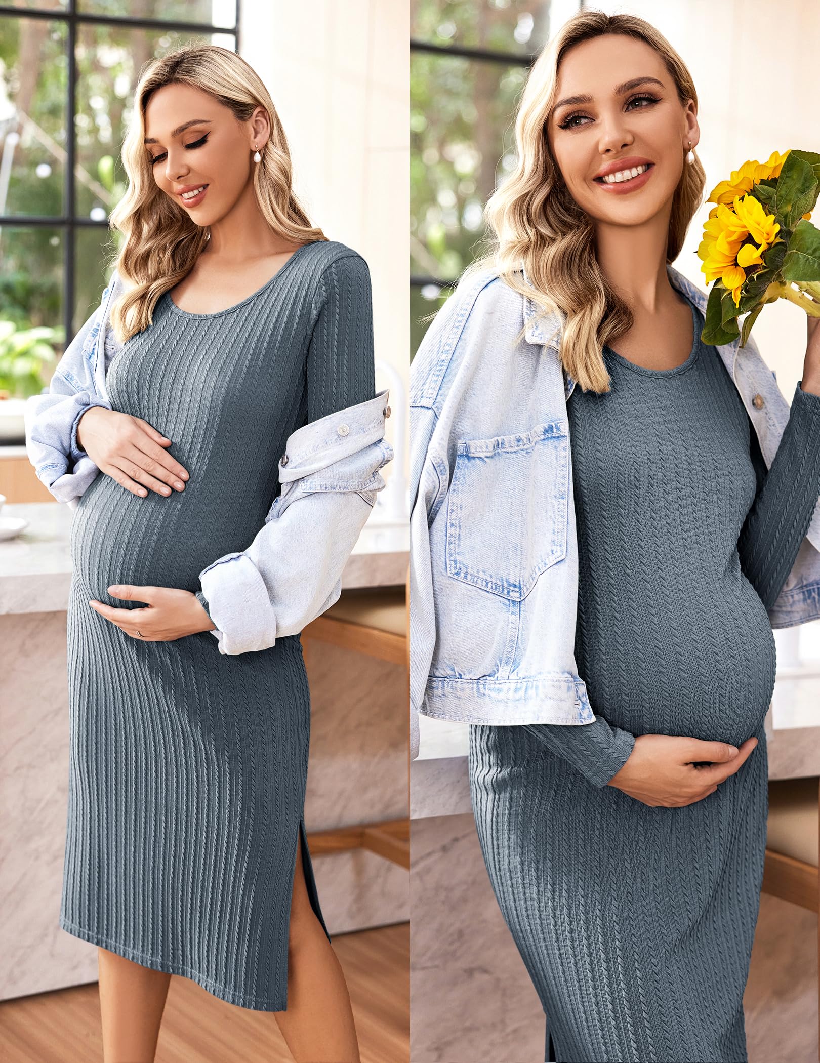 Ekouaer Maternity Dress - Rib Knit Long Sleeve Bodycon Pregnancy Dress with Side Slit for Baby Shower & Nursing (Sizes S-XXL) | Perfect for Pregnancy Photos, Baby Showers & Nursing Comfort