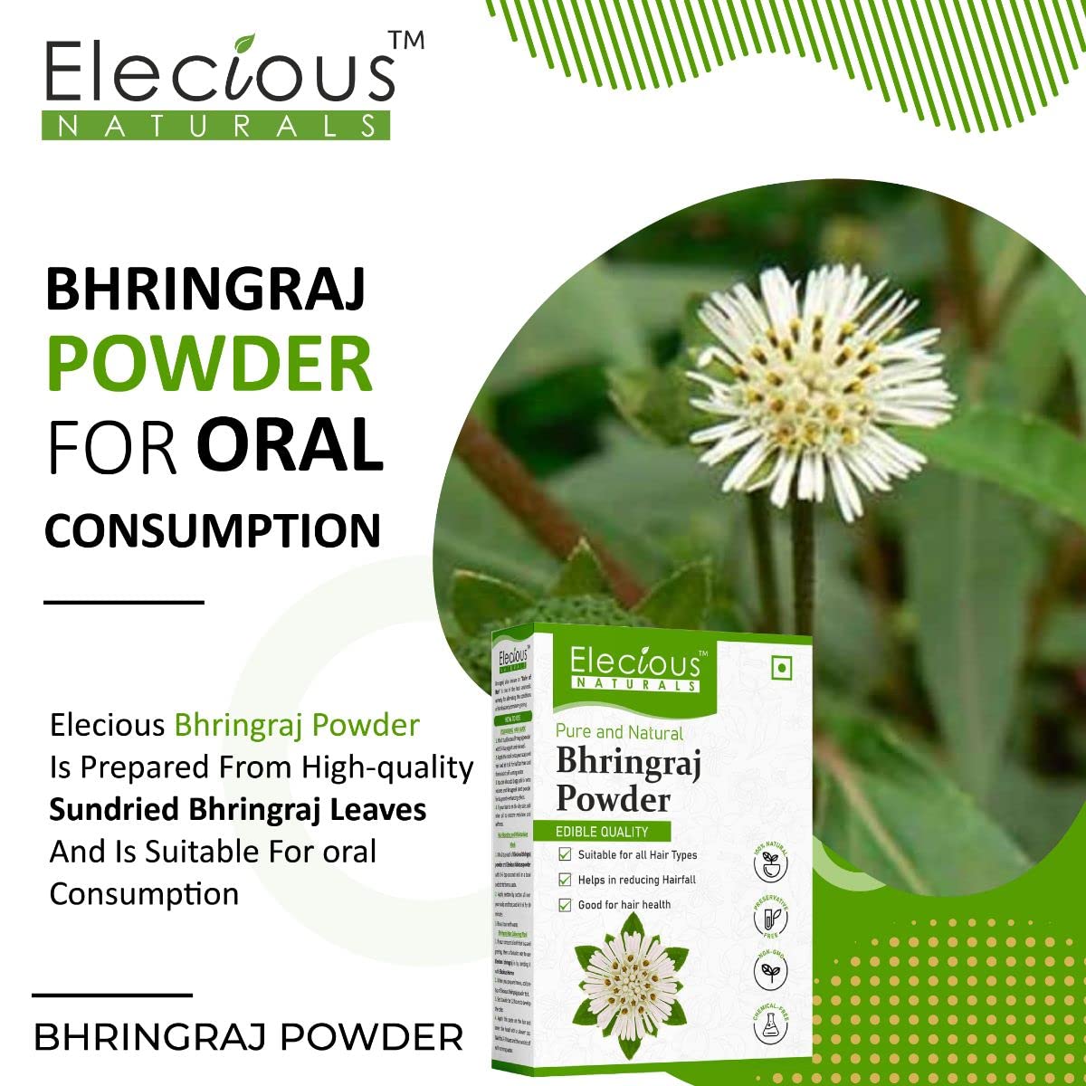 Elecious Pure Bhringraj Powder for Hair Growth & Consumption - 200g | 100% Natural, Preservative-Free | Ideal for Hair Masks, Oils & Dietary Supplement | Promotes Healthy Hair & Scalp