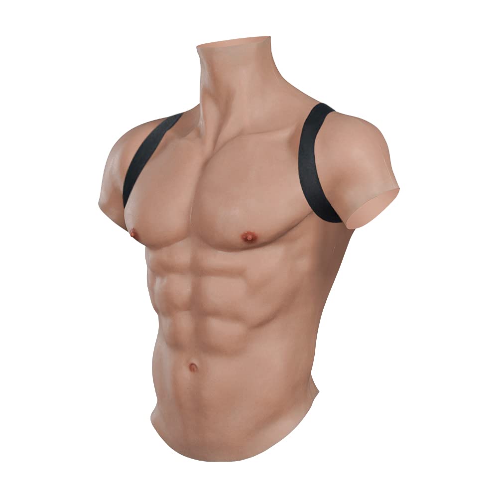 KUMIHO Premium Silicone Muscle Suit - Realistic Male Chest Plate with High Collar & Fake Abs - Perfect for Cosplay, Halloween Costumes, Transgender Body Shaping & Theater Performances