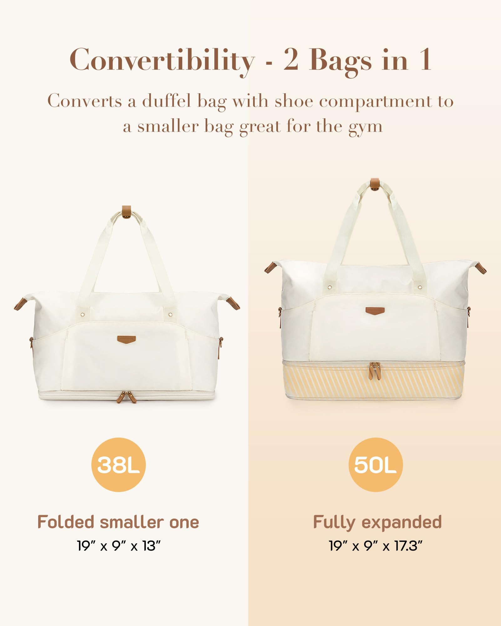 Missnine Women's Expandable Weekender Travel Bag - 50L Carry-On Duffel with Shoe Compartment for Overnight Trips, Gym & Weekend Getaways | Perfect for Air Travel, Workouts & Vacation Essentials