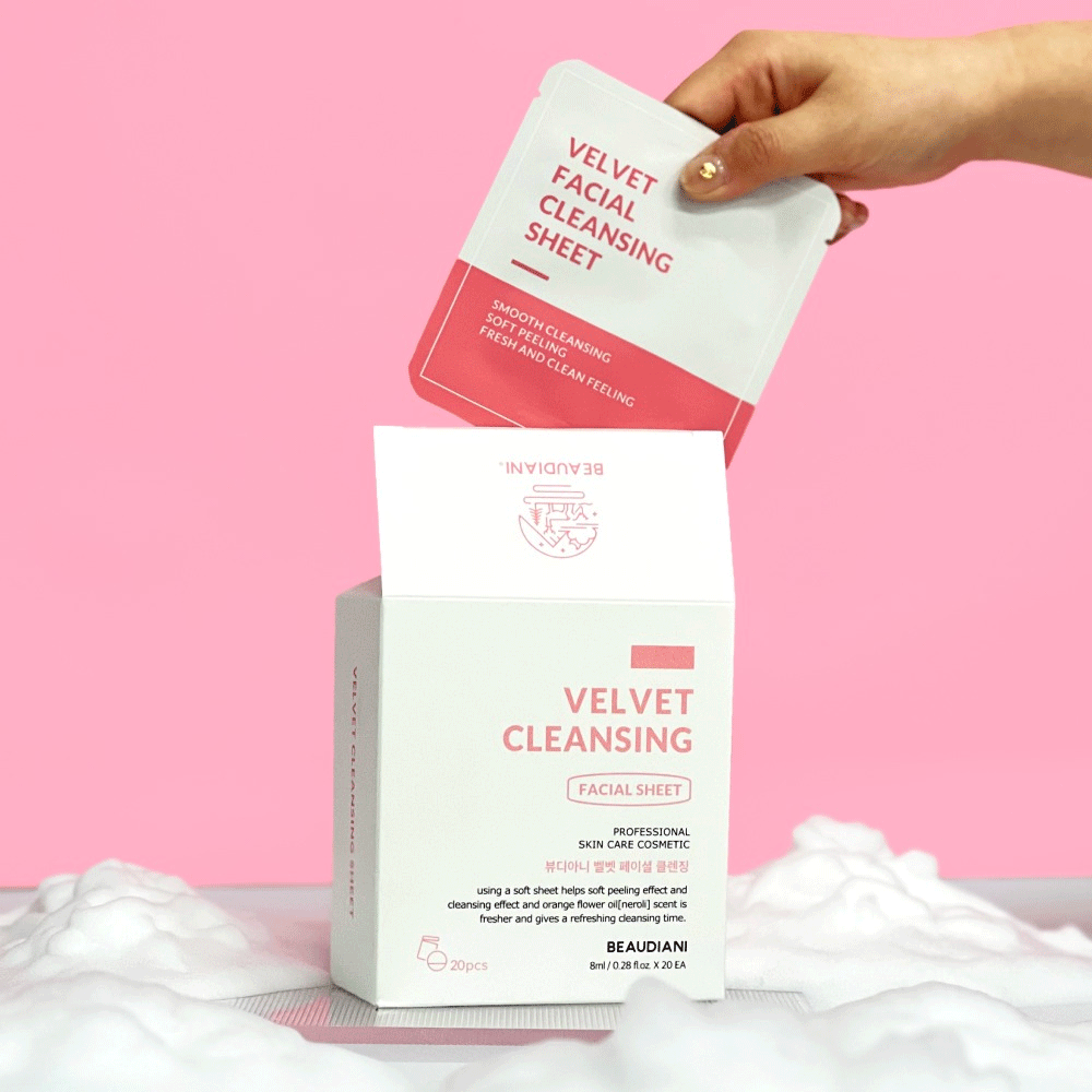 BEAUDIANI Velvet Facial Cleansing Sheet - 8ml x 20 Sheets | Gentle Exfoliating & Deep Cleansing for All Skin Types | Perfect for Travel, Gym & Daily Skincare Routine