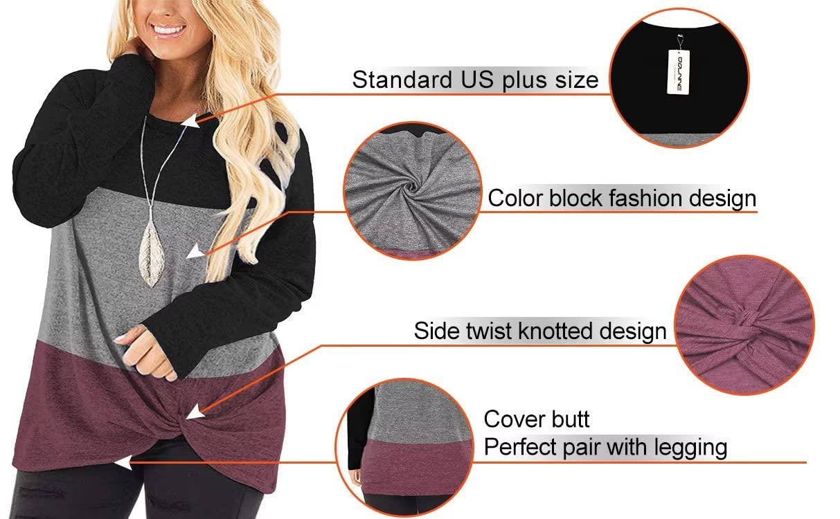 DOLNINE Women's Plus Size Knotted Tops Long Sleeve Tee Shirts - Loose Casual Blouse for Women | Comfortable Stretchy Fabric | Perfect for Work, Date Night & Weekend Outfits