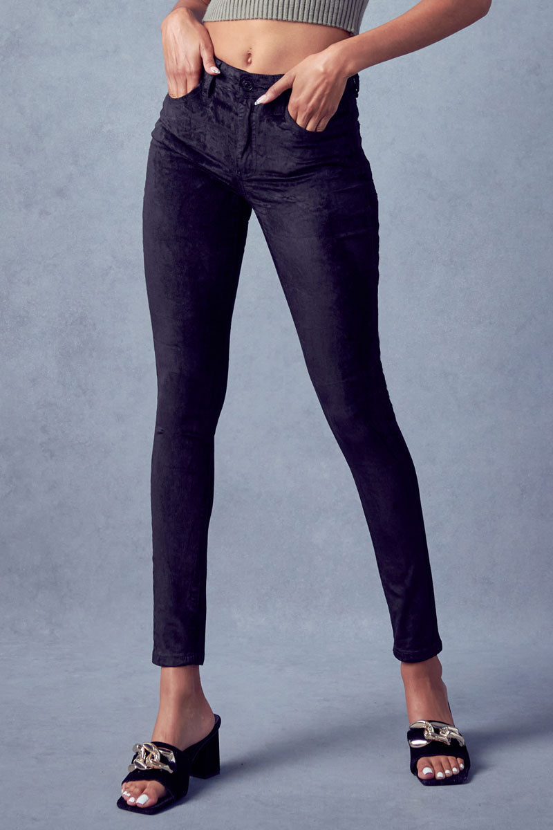 Ginny Mid Rise Velvet Ankle Skinny Pants for Women - Soft Stretch Slim Fit Velvet Trousers - Perfect for Work, Office, and Casual Outfits