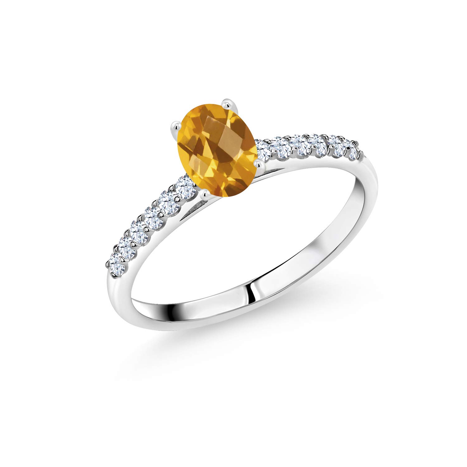 0.91 Ct Oval Checkerboard Yellow Citrine & White Created Sapphire 10K White Gold Ring for Women | Gem Stone King | Elegant Jewelry Gift for Anniversary, Birthday & Special Occasions