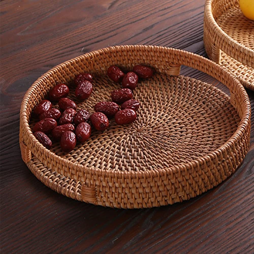 Handwoven Rattan Storage Basket with Handle - Picnic, Bread, Fruit & Snack Serving Tray - Natural Woven Desktop Display Organizer for Home, Kitchen, Party & Outdoor Gatherings