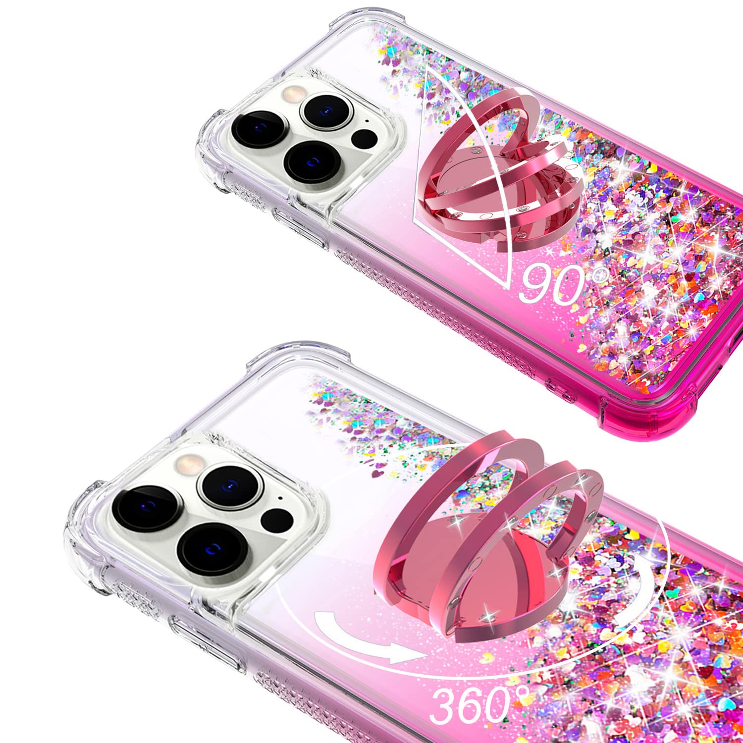 Sparkling Liquid Glitter Phone Case for iPhone 13 Pro Max (6.7 inch) - Rose Gold Floating Waterfall Design with Rotating Ring Kickstand | Durable TPU Protection | Perfect for Parties, Travel & Everyday Use