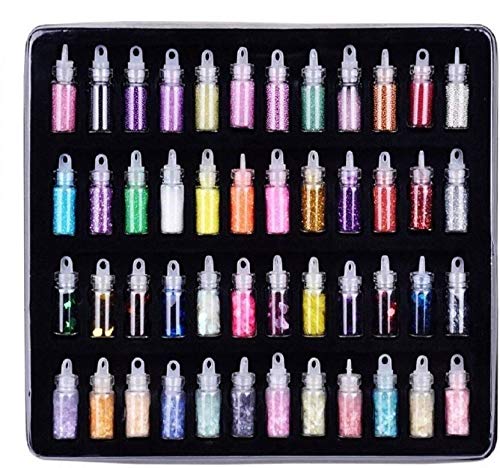 48 in 1 Glass Bottle 3D Nail Art Kit - Assorted Glitter Sequins, Rhinestones & Beads for DIY Nail Designs - Perfect for Salon, Home Manicure & Nail Art Gifts