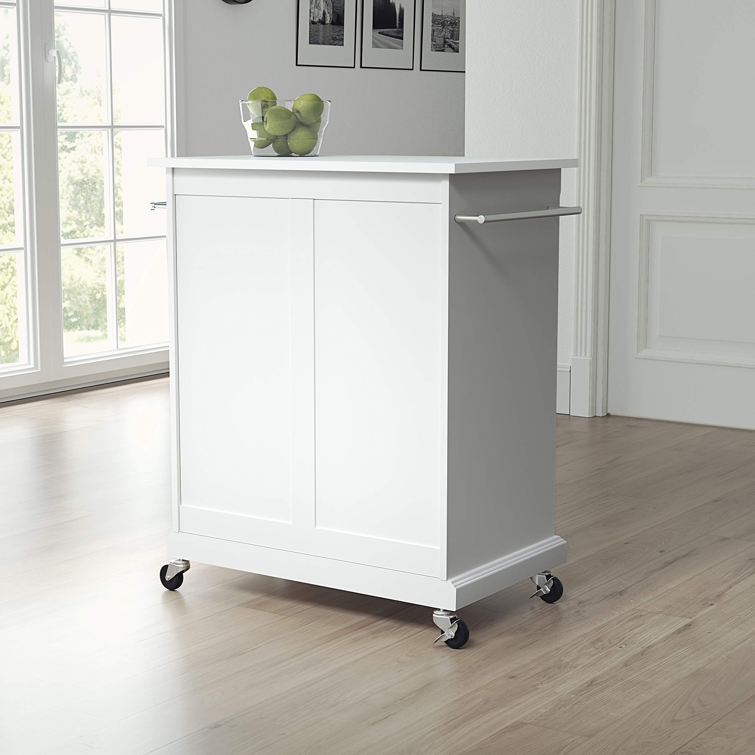 Crosley White Compact Rolling Cart with Stone Top & Shelves - Microwave Stand, Towel Rack, Small Kitchen Island for Apartments, Dorms & Office Spaces