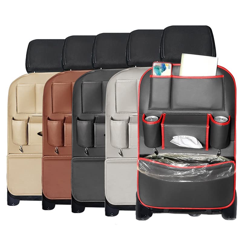 Premium Leather Car Seat Storage Bag - Hanging Rear Seat Organizer with Kick Mats for All Vehicles (Beige) | Perfect for Road Trips, Baby Essentials & Daily Commute