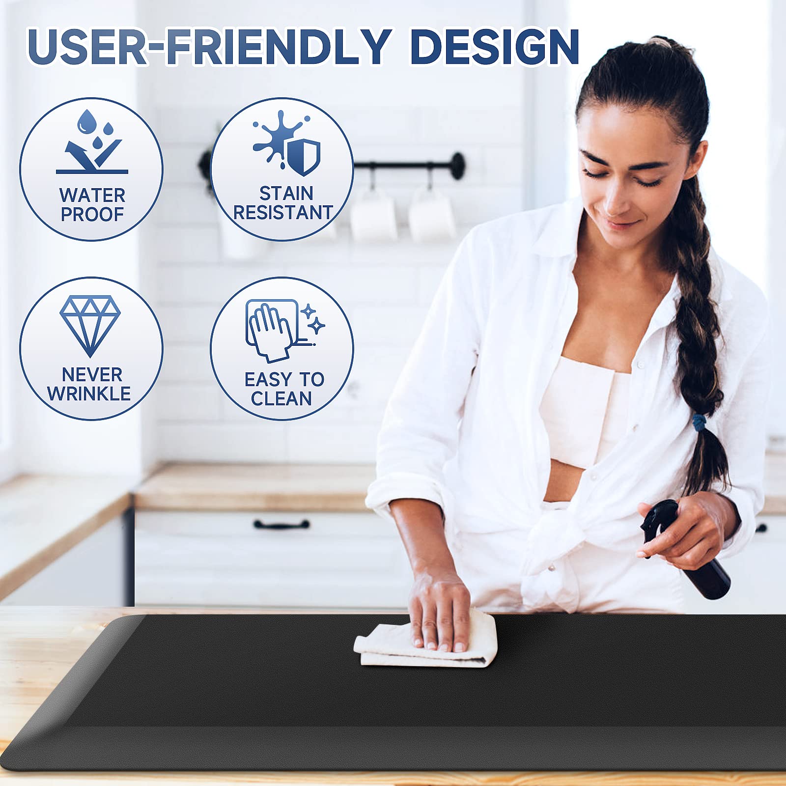 **StepRite 4/5 Inch Thick Anti-Fatigue Kitchen Mat – Non-Slip, Waterproof & Stain-Resistant – Comfortable Standing Mat for Kitchen, Office, Workshop – Black, 17