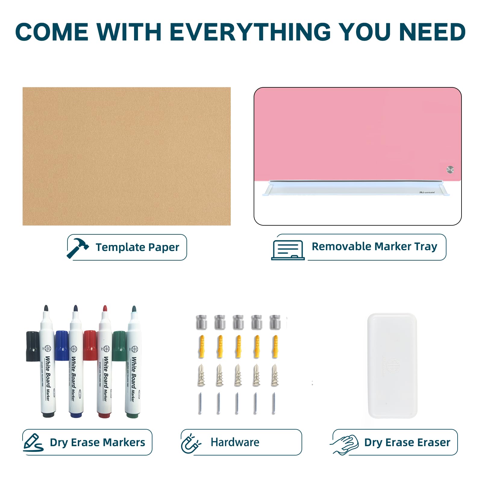 J&J Worldwide Magnetic Glass Whiteboard 47x35 Inch - Frameless Wall Mounted Dry Erase Board with Markers, Magnets & Eraser - Pink Surface Glass Whiteboard for Office, Home, School, Conference Room & Classroom Organization