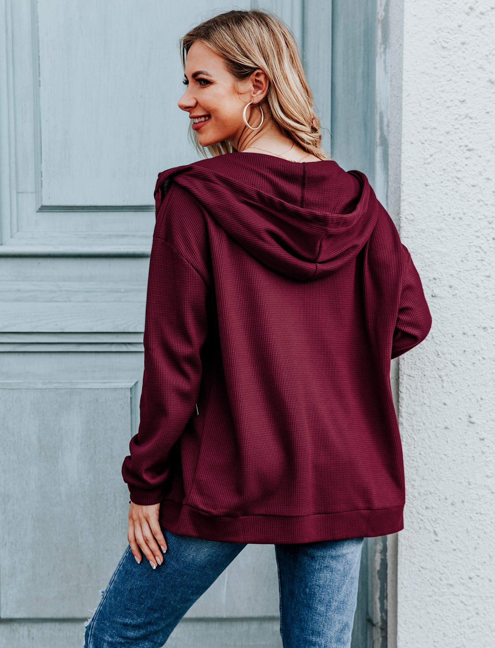 Cowasto Women's Waffle Knit Zip Up Hoodie - Casual Long Sleeve Drawstring Jacket with Hood for Fall & Winter | Perfect for Outdoor Activities, Travel & Lounge Wear