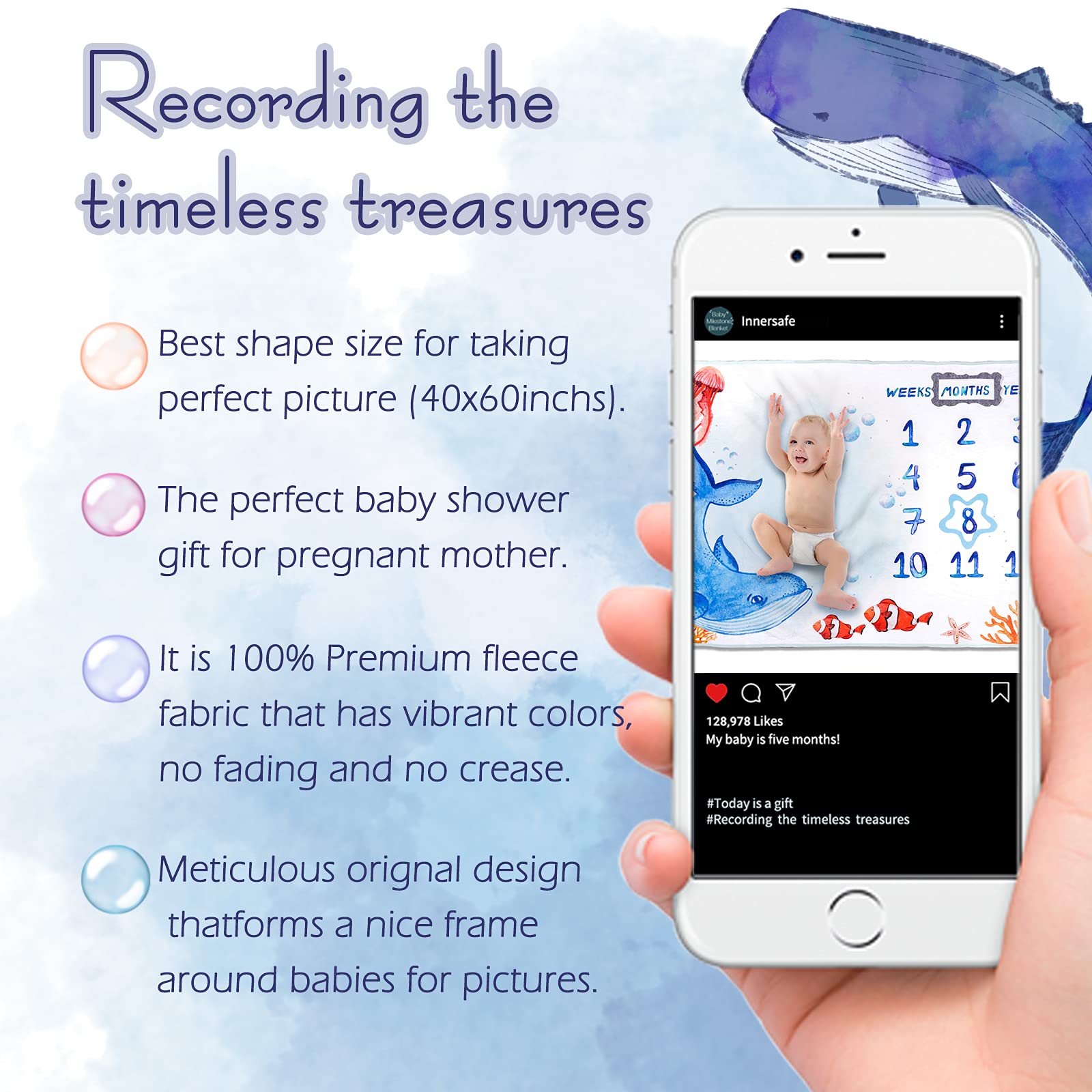 Original InnerSafe Baby Milestone Blanket - 60'x40' Ocean World Design for Newborn Photography Props | Perfect for Monthly Growth Tracking, Baby Shower Gifts & Nursery Decor (Boy/Girl Neutral)