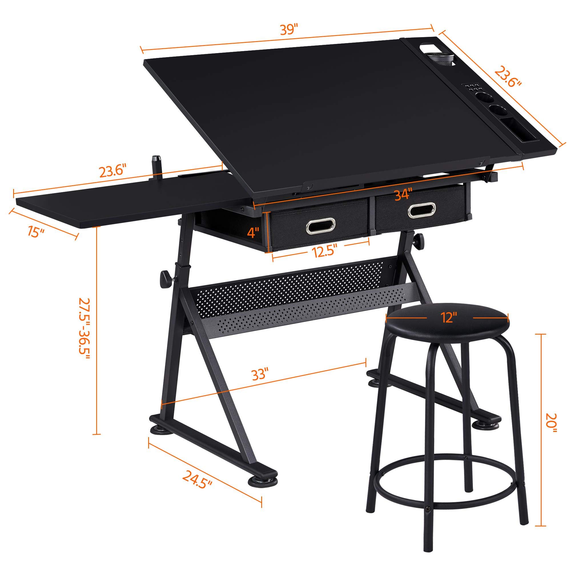 Yaheetech Adjustable Drafting Table for Artists - Height Adjustable Drawing Desk with 2 Storage Drawers & Stool - Perfect for Diamond Painting, Crafting, Home Office & School Use - Black Art Workstation