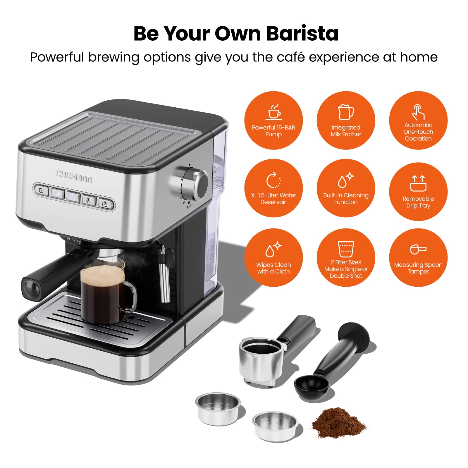 Chefman 6-in-1 Espresso Machine with Milk Steamer - One-Touch Single/Double Shot Coffee Maker for Cappuccino & Latte - Built-In Stainless Steel Milk Frother - Perfect for Home Baristas & Coffee Lovers