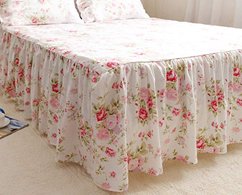 Country Rose Pink Floral Bed Skirt and Pillowcase Set - 100% Cotton Vintage Rose King Size - 3 Piece Dust Ruffle for Bedroom Decor, Luxury Bedding