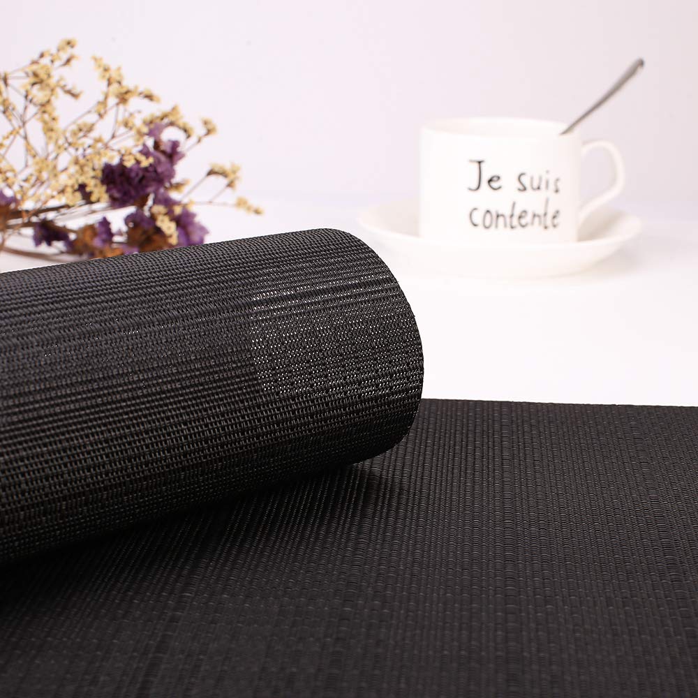 Myir JUN Set of 8 Washable Non-Slip Heatproof Woven Placemats - PVC Fabric Table Mats for Dining, Kitchen & Indoor Use (Black) - Perfect for Everyday Meals, Dinner Parties & Home Decor