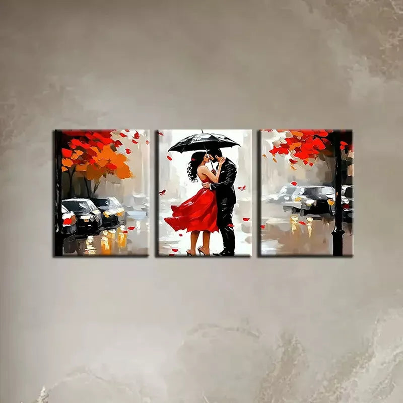 3-Piece Romantic Couple Walking in Rain with Umbrella Wall Art Set - 40x60cm Framed Canvas Prints | High Quality Australian Made | Perfect for Living Room, Bedroom & Office Decor