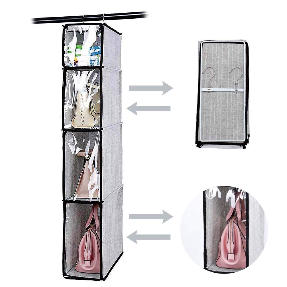 Dearjana 4-Tier Foldable Hanging Handbag Organizer with Dustproof Cover - Space Saving Closet Storage System for Purses, Scarves & Accessories - Perfect for Bedroom, Closet & Living Room Organization (Grey)