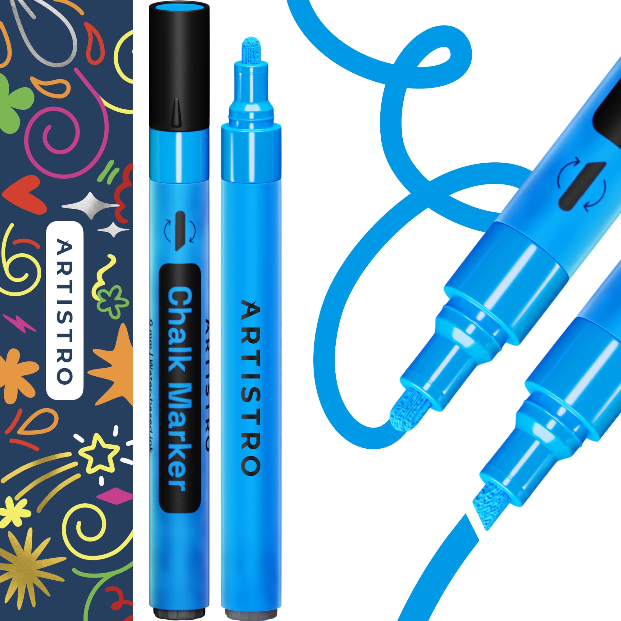 ARTISTRO 2-Pack Blue Liquid Chalk Markers - Erasable Chalkboard Pens with 6mm Reversible Tip for Blackboard, Glass, Car Windows & More - Perfect for Restaurants, Bistros, Signage & DIY Projects