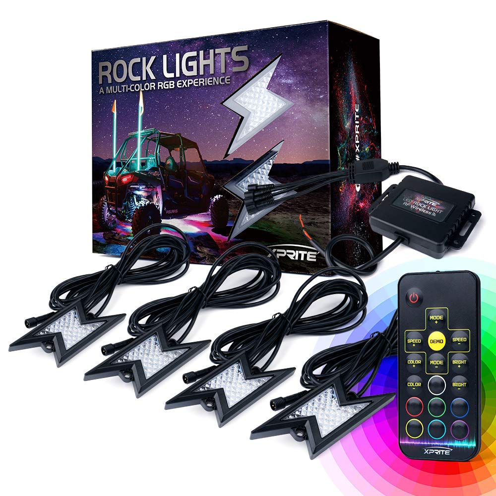 Xprite 4pc RGB LED Rock Lights with Wireless Remote Control - Multi-Color Underglow Lighting Kit for Off-Road Trucks, Jeeps, UTVs & ATVs | Flashing, Auto Scroll Modes | Waterproof & Durable Design (Patent Pending) - Perfect for Night Off-Roading, Car Shows & Custom Vehicle Lighting