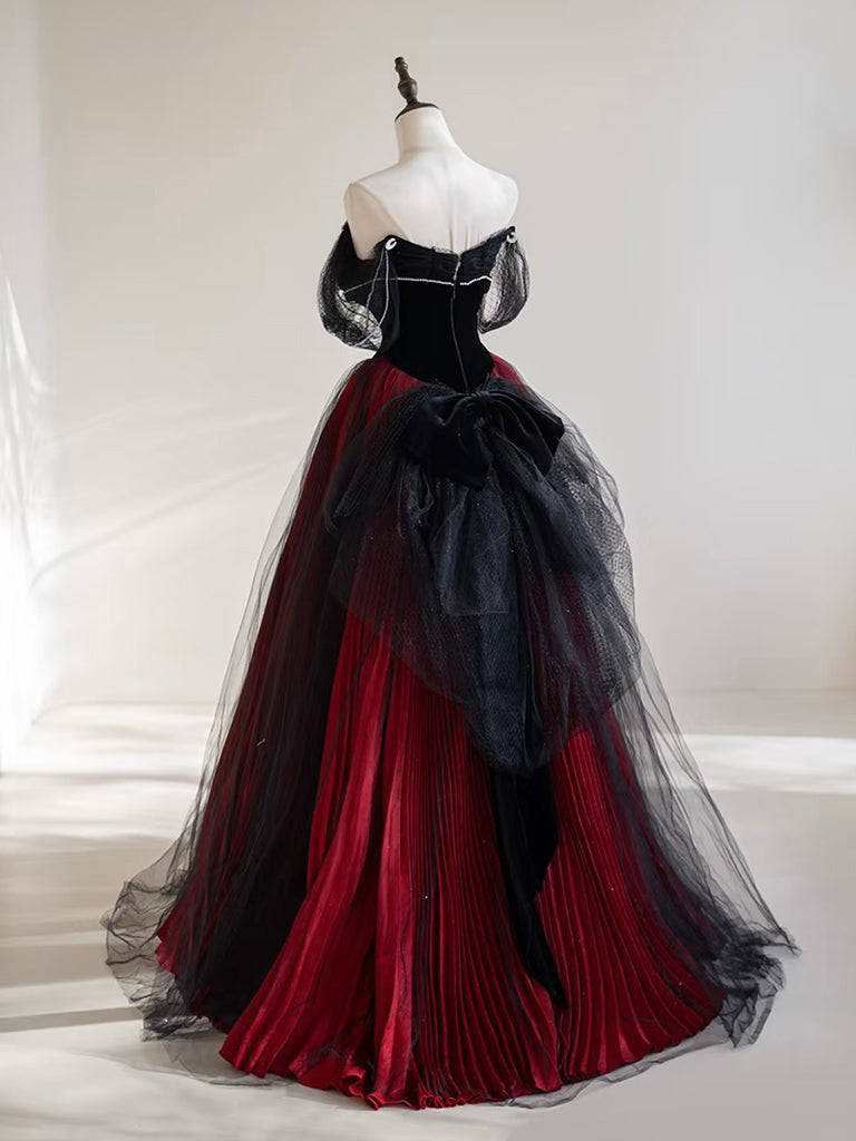 Elegant A-Line Off-Shoulder Tulle Prom Dress in Black & Burgundy - Perfect for Homecoming, Formal Dances & Special Occasions