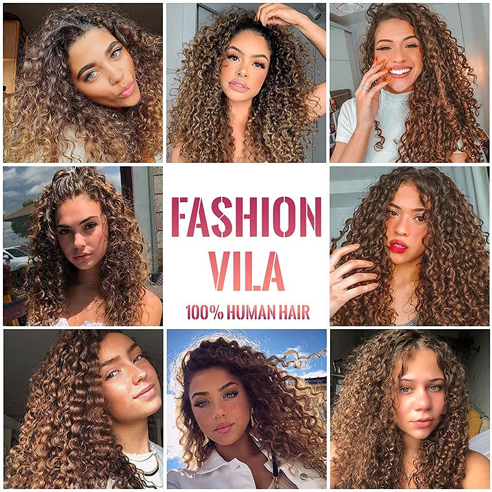 100% Unprocessed Brazilian Virgin Human Hair Weave Bundles - 3 Bundles Kinky Curly 2 Tone Ombre (T4/30 Medium Brown/Medium Auburn) 22