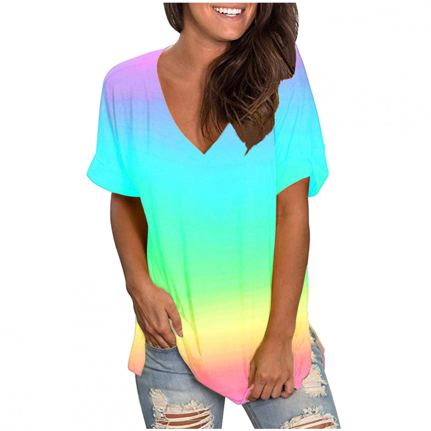 Women's Printed Casual Short Sleeve V-Neck T-Shirt - Loose Fit Basic Tee with Side Split Tunic Top for Summer | Perfect for Beach, Travel & Everyday Wear
