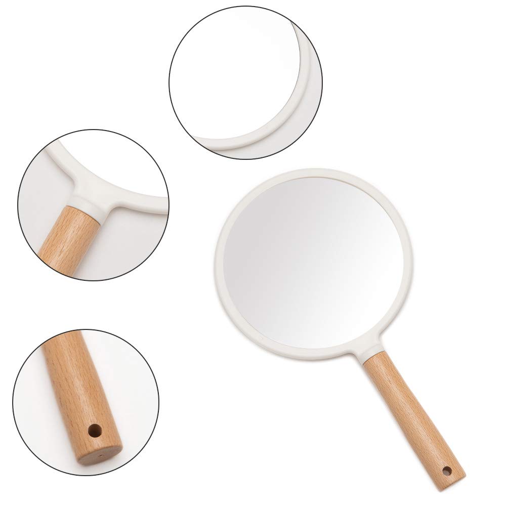 YEAKE Handheld Vanity Mirror with Wooden Handle - Small Round Portable Makeup Mirror for Men & Women, Perfect for Travel, Shaving, and Grooming (Hanging Hole Included)