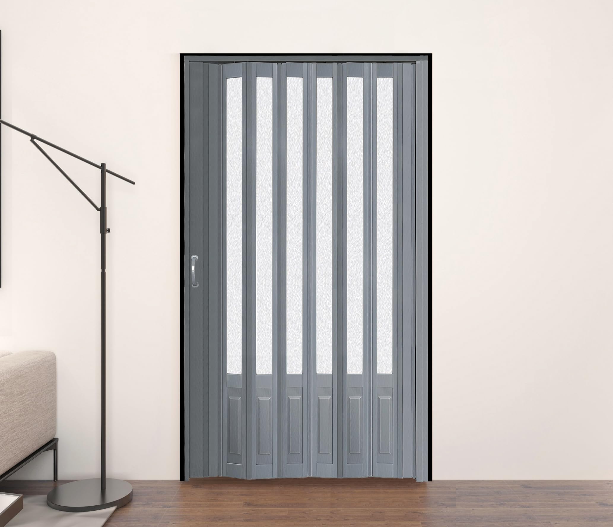 48x96 Inch Grey PVC Accordion Folding Door with Acrylic Glass & Mounting Hardware - Multi-Fold Closet Door for Bedroom, Office & Storage Spaces