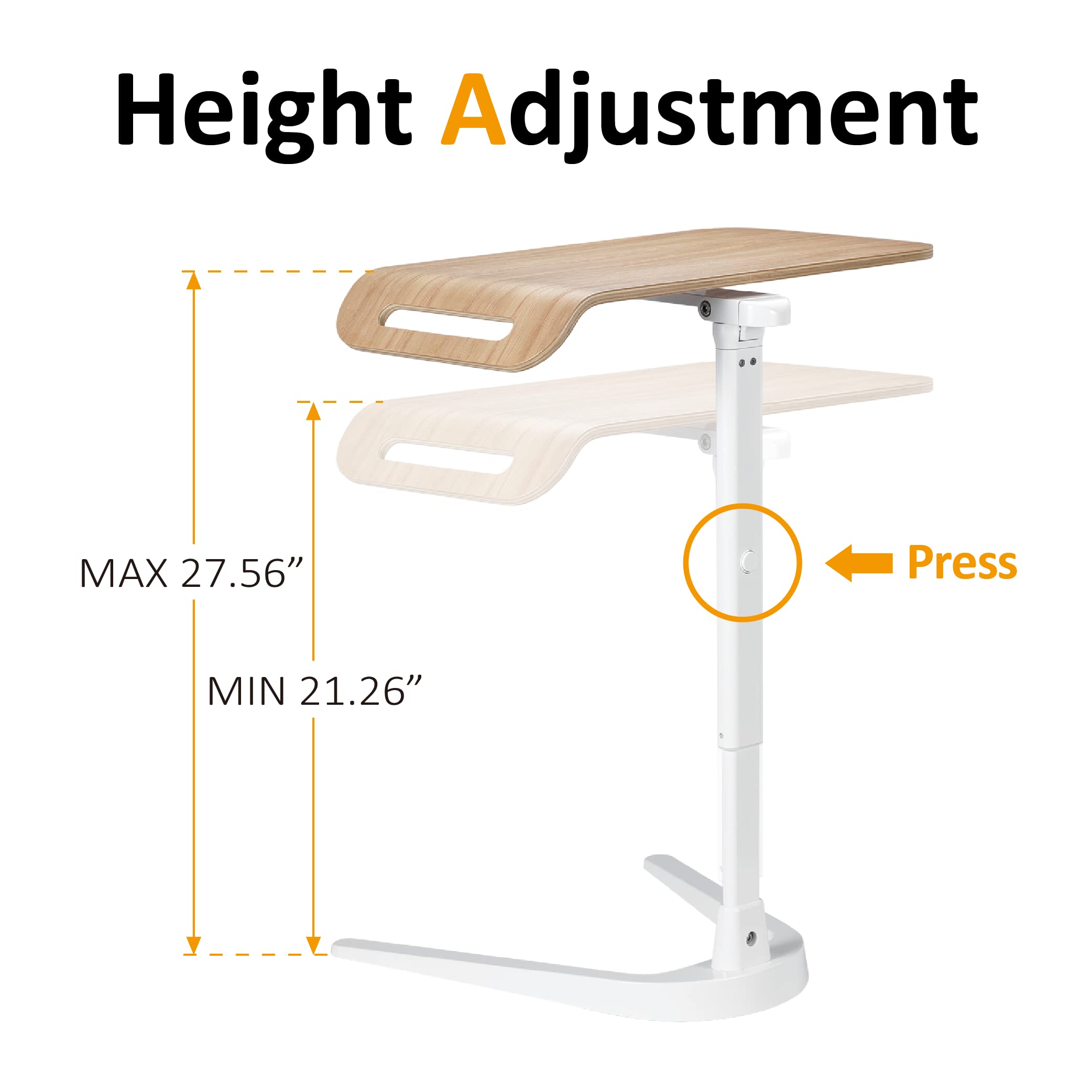 Adjustable Height C-Shaped Sofa Side Table - Folding Laptop Desk & Overbed Snack Table for Living Room, Bedroom, Small Spaces - Perfect for Work, Dining & Relaxing on Couch or Bed - White