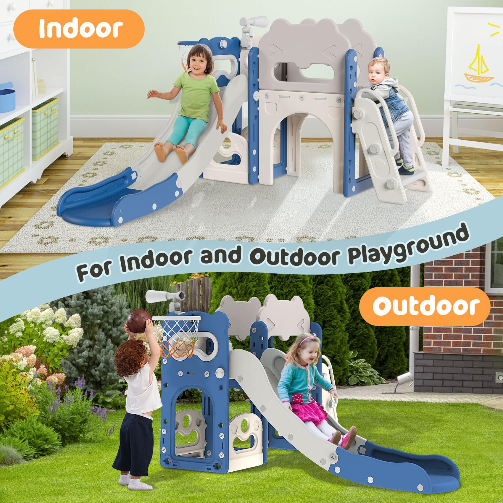 Babytronic 7-in-1 Toddler Slide Playset for Kids Ages 1-3 - Indoor & Outdoor Baby Slide with Basketball Hoop & Telescope - Blue & Gray Toddler Playground Equipment for Home, Backyard, Daycare & Preschool Play Areas