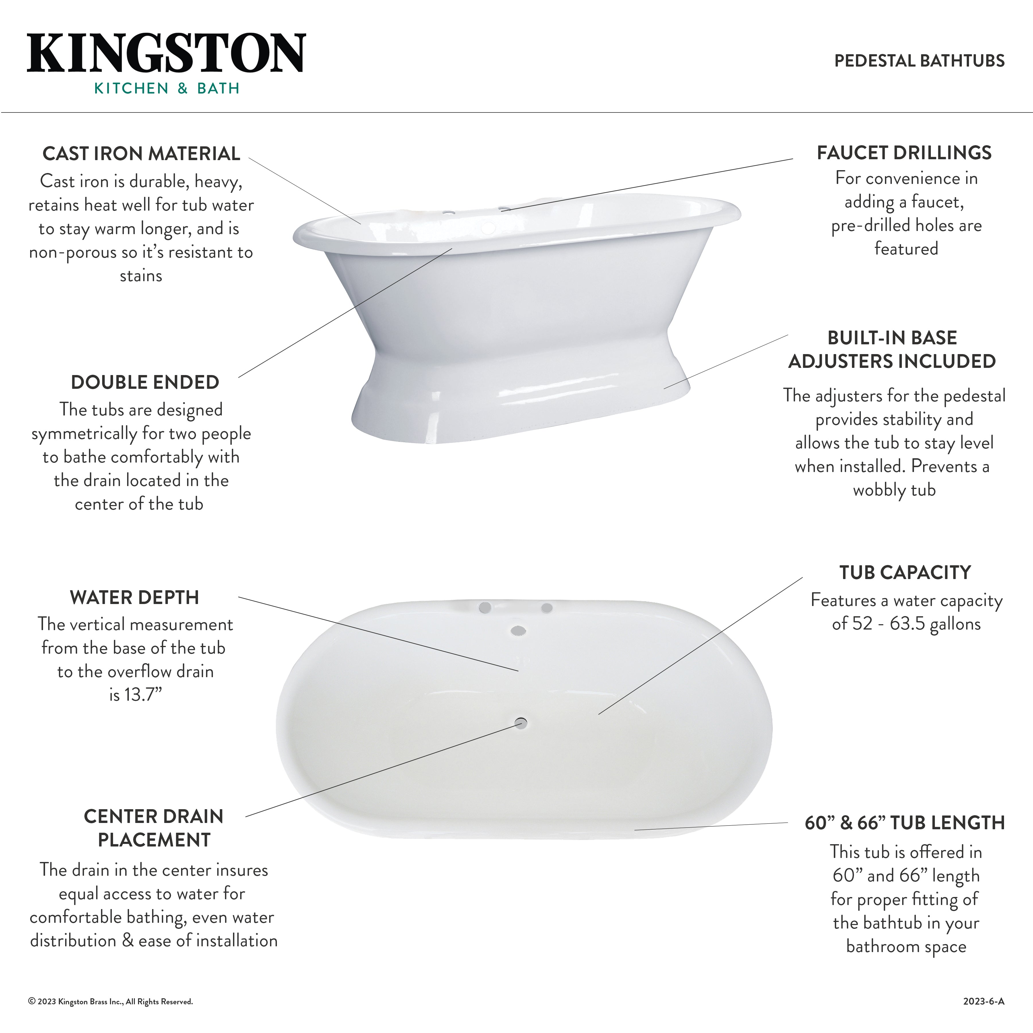 Aqua Eden 66 Inch White Cast Iron Oval Double Ended Pedestal Bathtub with 7 Inch Faucet Drillings - Freestanding Soaking Tub for Luxury Bathroom & Spa Relaxation