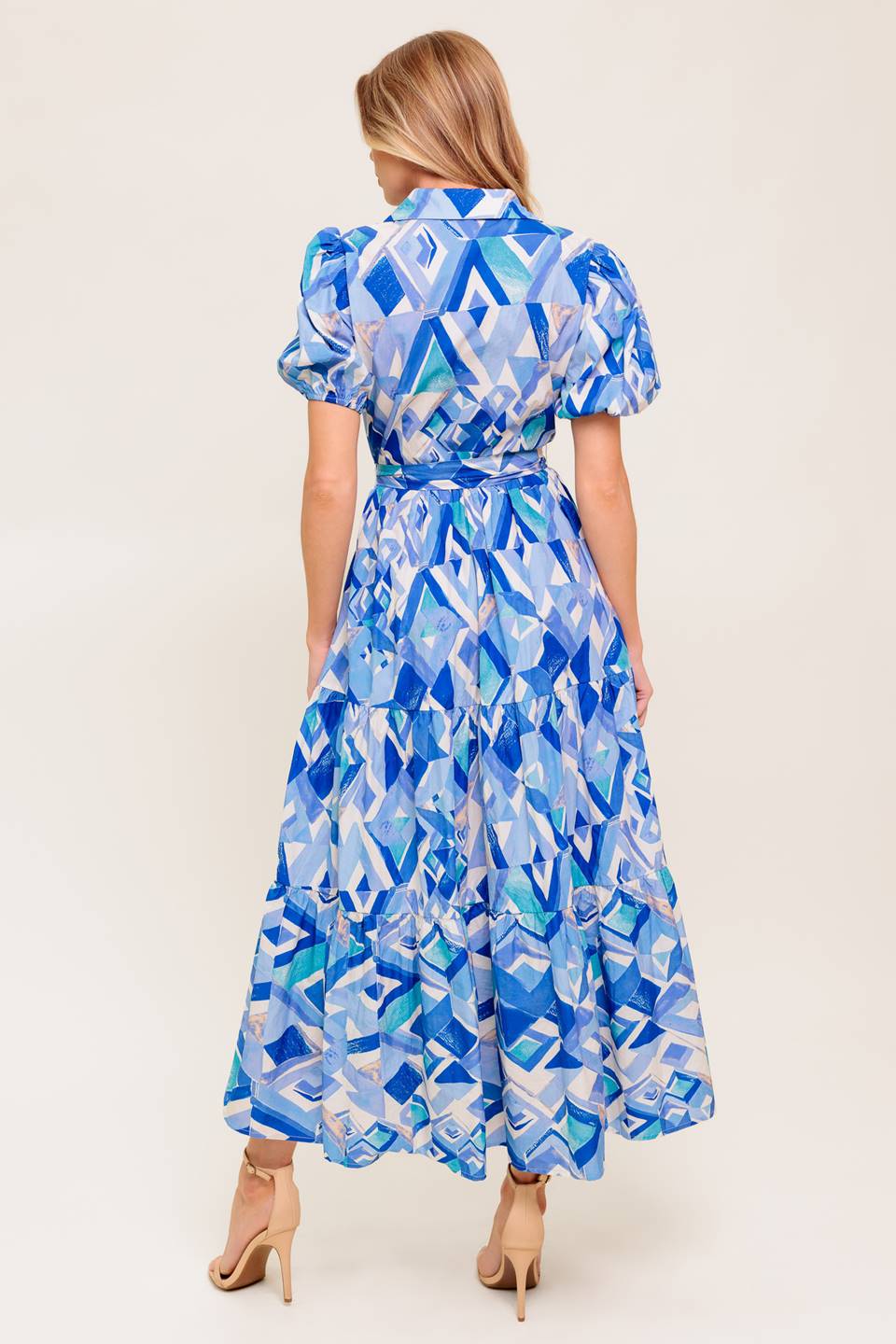 FAITH MIDI DRESS - Blue Geometric Print Cotton Dress for Women | Summer Casual & Party Wear | Perfect for Beach, Office and Date Night Outfits