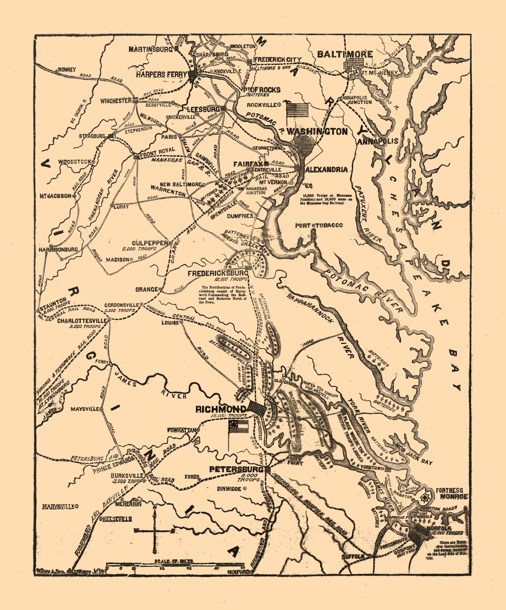 Vintage Civil War Map - Virginia Theatre 1861 - 23x27.72 Inch Matte Canvas Wall Art - Perfect for History Classrooms & Civil War Enthusiasts