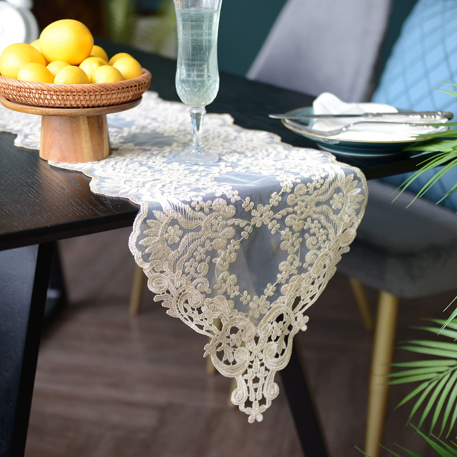 SUTAVIA Embroidered Lace Table Runner for Dining, Wedding & Home Decor (Gold, 12