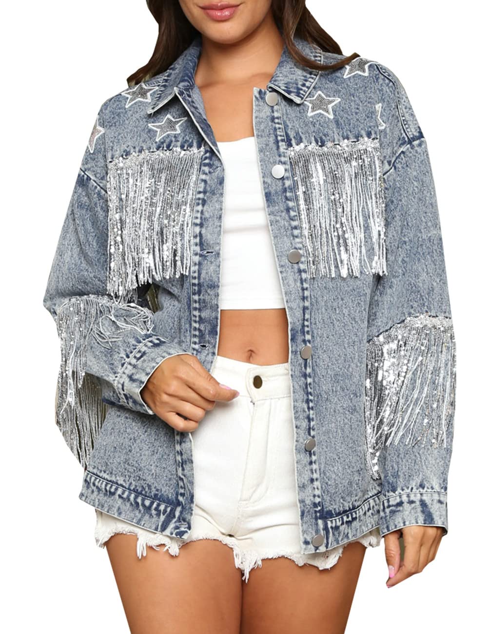 LifeShe Women's Oversized Denim Jacket with Tassel Fringe - Stylish Boyfriend Jean Coat for Casual Wear, Street Fashion & Spring Layering