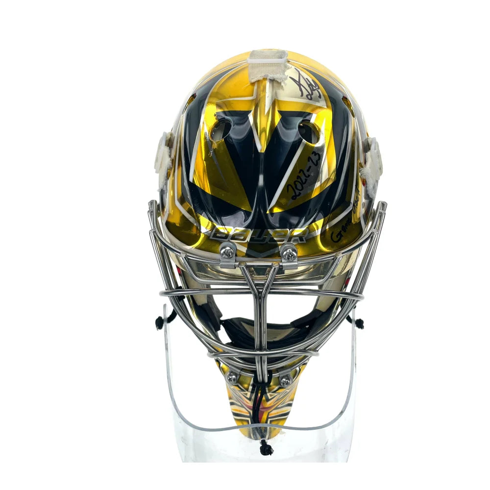 Authentic Logan Thompson Game Used Signed Goalie Mask 2022-23 Season with COA - Vegas Golden Knights NHL Hockey Memorabilia - Perfect for Collectors, Fans, and Sports Memorabilia Displays